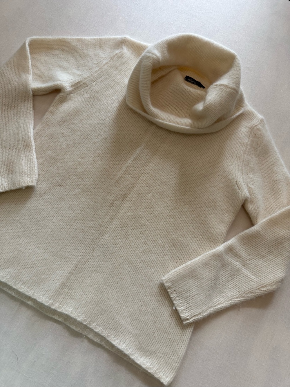 Vintage 90s Valerie Stevens Angora Lambswool Cowl Neck Fuzzy Cream Sweater Small